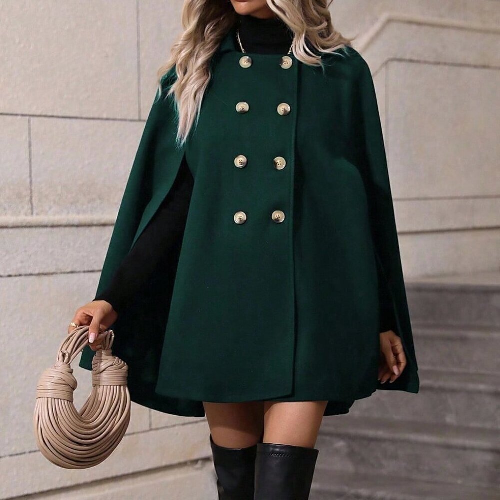 Dark Green Elegant Women's Double-Breasted Mid-Length Cape